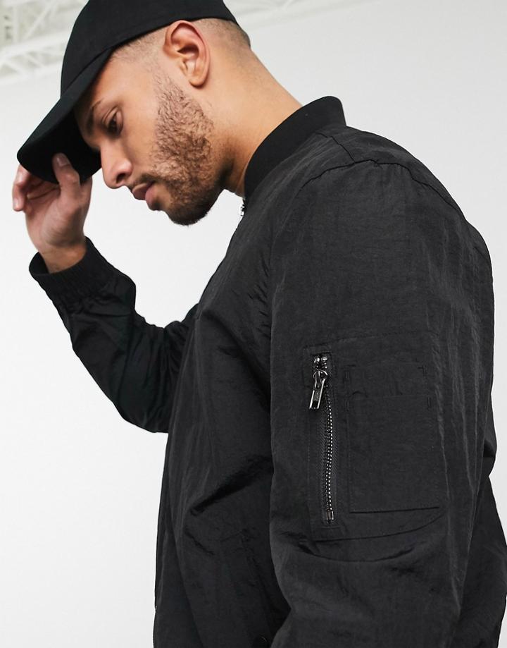 Asos Design Oversized Bomber Jacket With Ma1 Pocket In Black