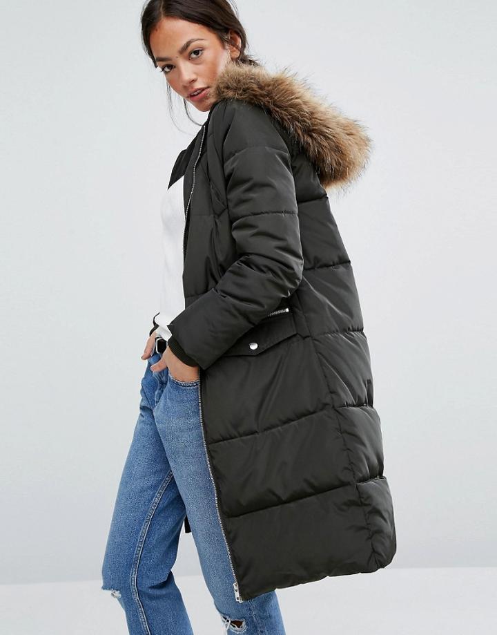 New Look Faux Fur Padded Coat - Green