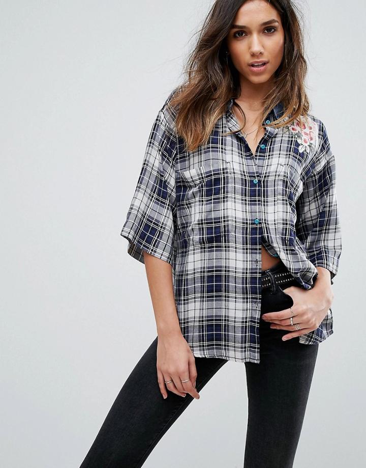Diesel Check Shirt With Denim Collar And Embroidery - Multi