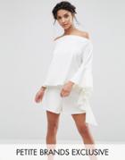 John Zack Petite Off Shoulder Top With Elongated Frill Sleeve Detail - Cream