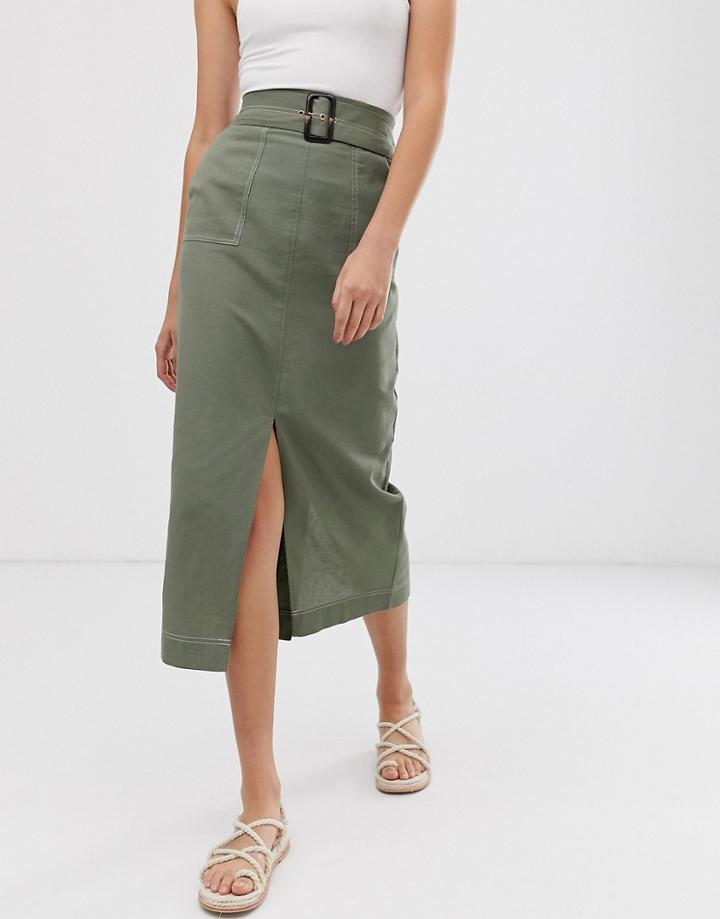 Asos Design Column Midi Skirt With Pockets And Tie Waist-multi