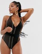 Asos Design Tonal Metallic Stripe Swimsuit With Elastic Belt-black