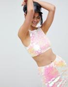 Motel Tie Back Crop Top In Unicorn Sequin Co-ord - White