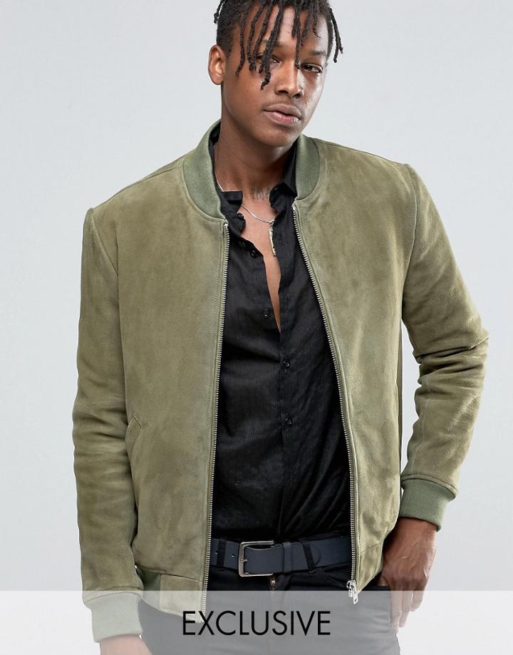 Black Dust Suede Bomber Jacket - Green