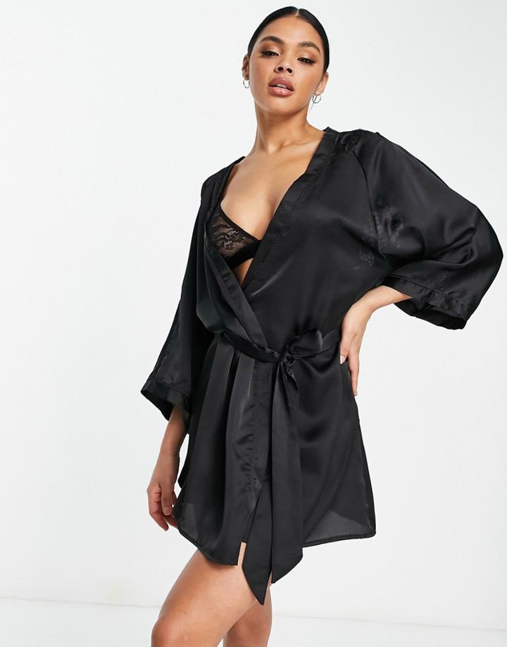 Ann Summers Amaya Satin Kimono With Velvet Floral Applique Back Detail In Black