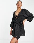 Ann Summers Amaya Satin Kimono With Velvet Floral Applique Back Detail In Black