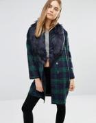 Qed London Checked Coat With Faux Fur Trim - Navy
