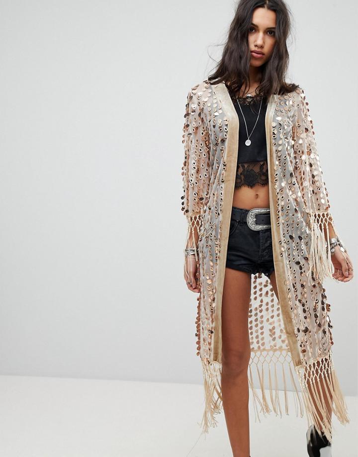 Ebonie N Ivory Festival Kimono In Metallic Tassel Sequin - Gold