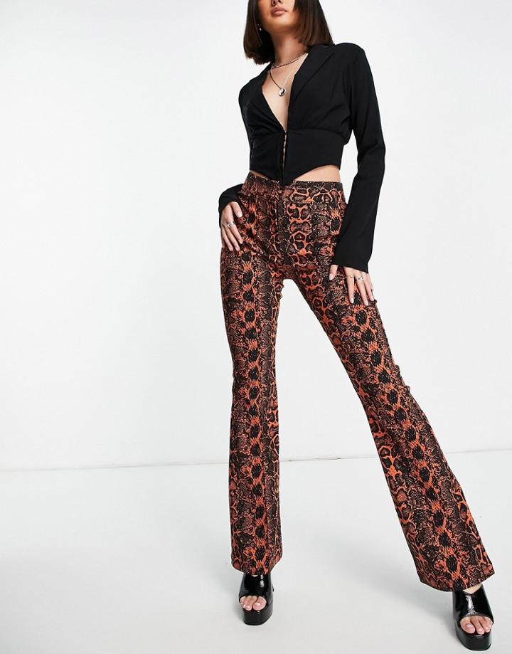 Asos Design Snakeskin Print Flare Pants In Multi