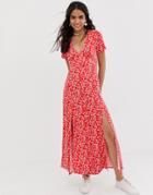 Asos Design Button Through Maxi Tea Dress With Splits In Ditsy Print