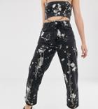 One Above Another High Waist Mom Jeans With Chain Detail In Paint Splatter Denim-black