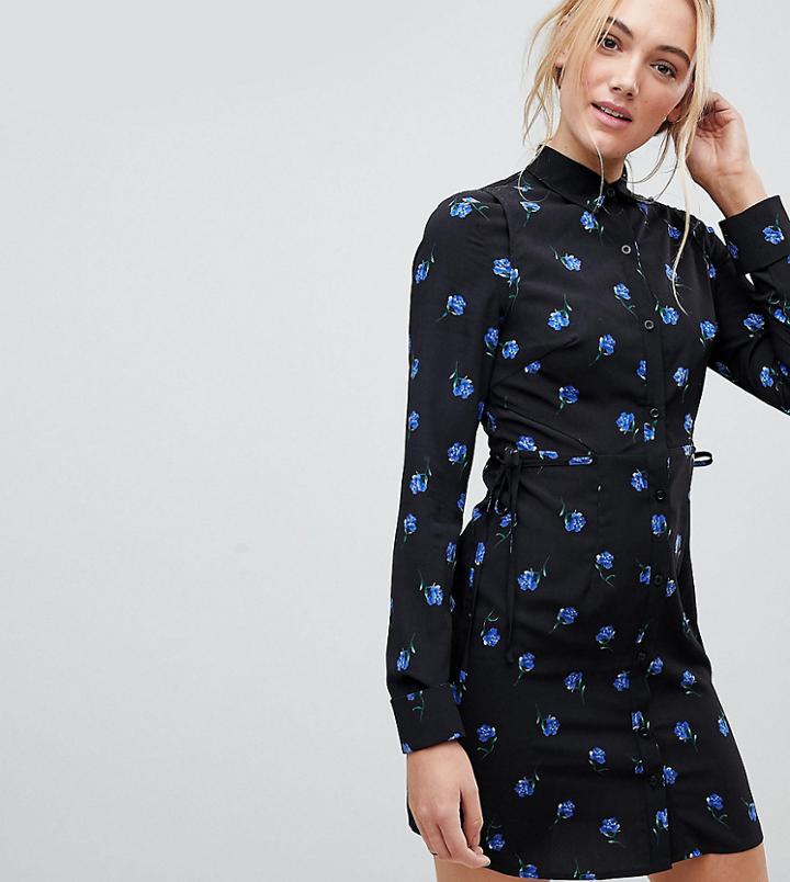 Fashion Union Tall Shirt Dress With Tie Waist Detail In Rose Floral - Blue