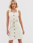 Pieces Button Front Denim Mini Dress - Beige