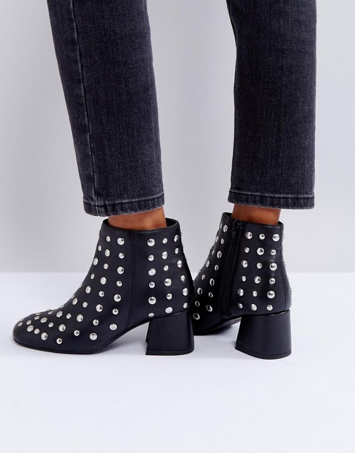 Park Lane Studded Leather Kitten Heel Boot - Black