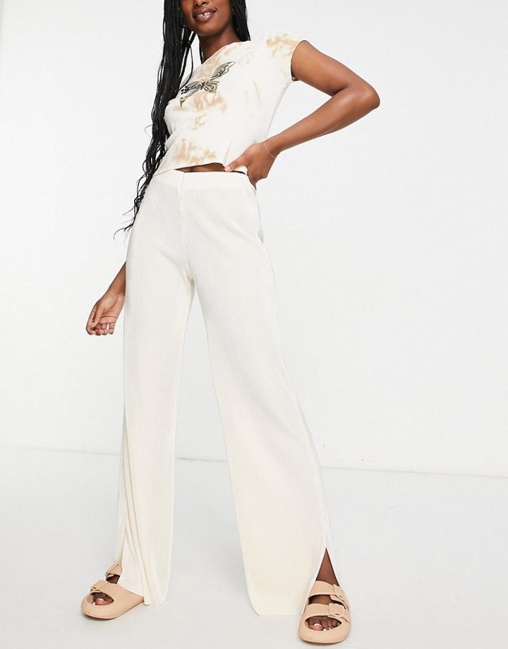 Bershka Plisse Wide Leg Pants In Ecru - Part Of A Set-white