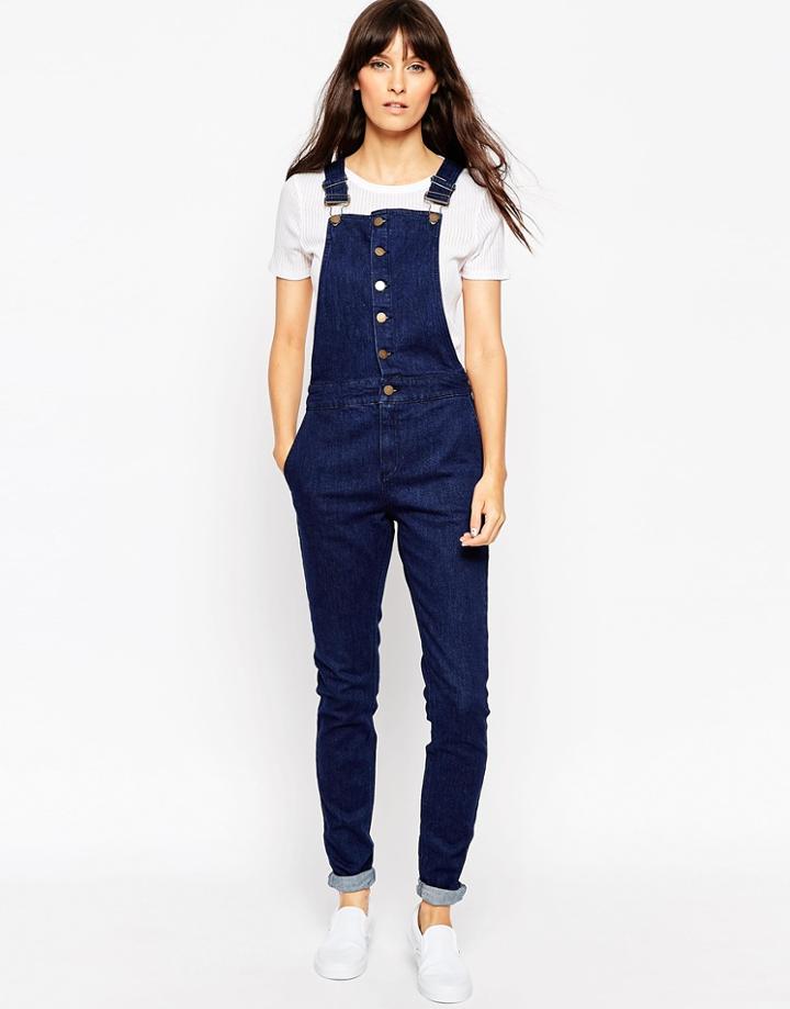 Asos Denim Skinny Leg Button Front Overall - Indigo