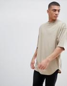 Asos Design Oversized Longline T-shirt With Deep Curved Hem In Beige - Beige