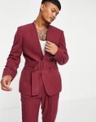 Asos Design Slim Collarless Belted Suit Jacket In Burgundy-red