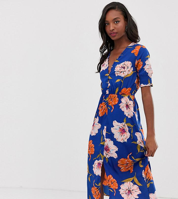 Influence Tall Floral Midi Dress With Shirred Sleeves-navy