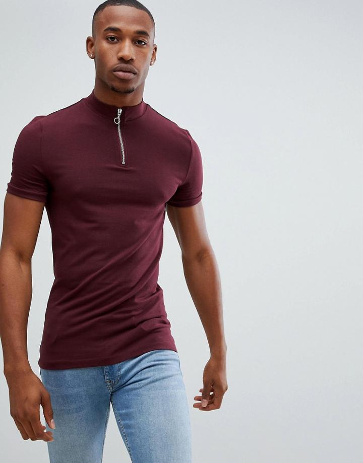 Asos Design Muscle Fit T-shirt With Zip Turtleneck In Red - Red