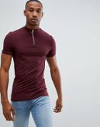 Asos Design Muscle Fit T-shirt With Zip Turtleneck In Red - Red