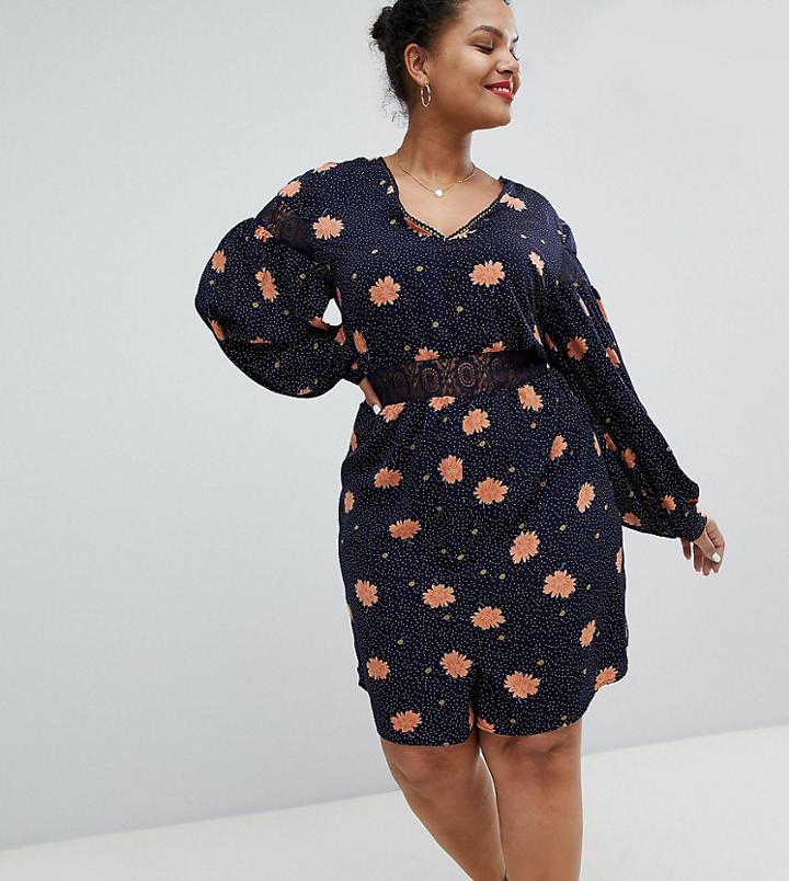 Glamorous Curve Long Sleeve Romper With Lace Inserts In Dark Floral-blue