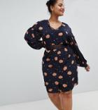 Glamorous Curve Long Sleeve Romper With Lace Inserts In Dark Floral-blue