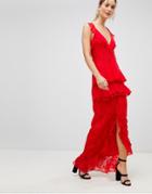 Prettylittlething Tiered Lace Maxi Dress - Red