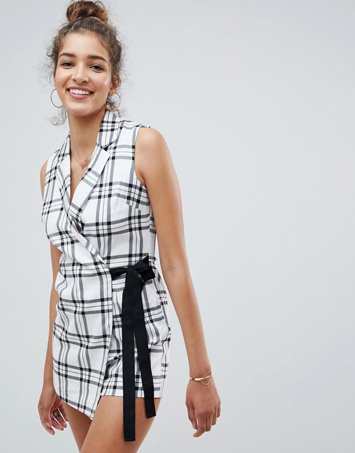 Asos Design Sleeveless Tux Romper In Check - Multi