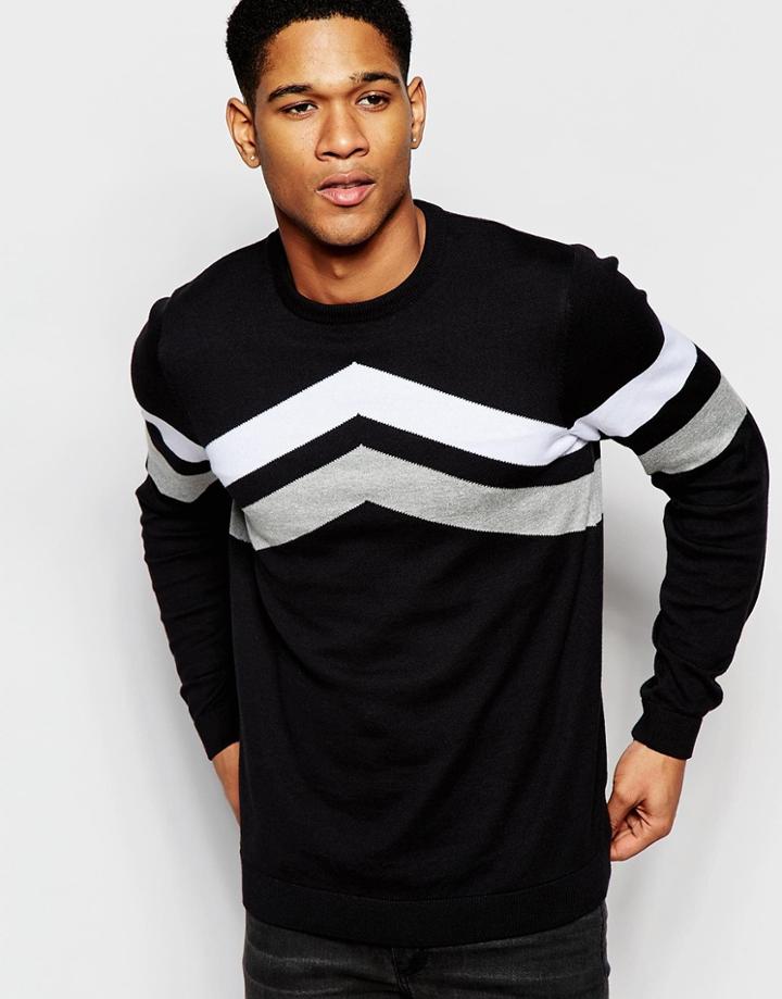 Asos Sweater With Chevron Color Block Detail In Cotton - Black