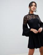 Asos Design Lace And Pleat Mini Skater Dress - Black