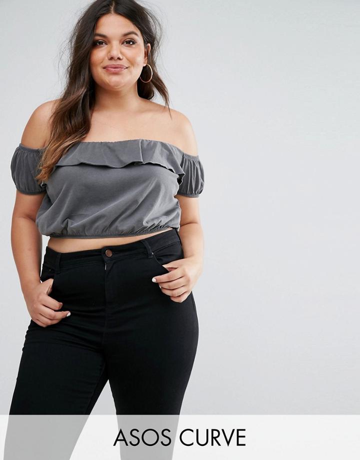Asos Curve Off Shoulder Bandeau Crop With Ruffle - Black