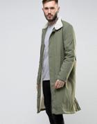 Asos Fleece Lined Trench With Funnel Collar In Khaki - Green