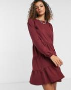 Asos Design Smock Mini Dress With Tiered Hem With Long Sleeves In Port