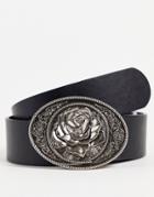 Asos Design 70s Wide Belt In Black Faux Leather With Antique Silver Rose Plate Buckle