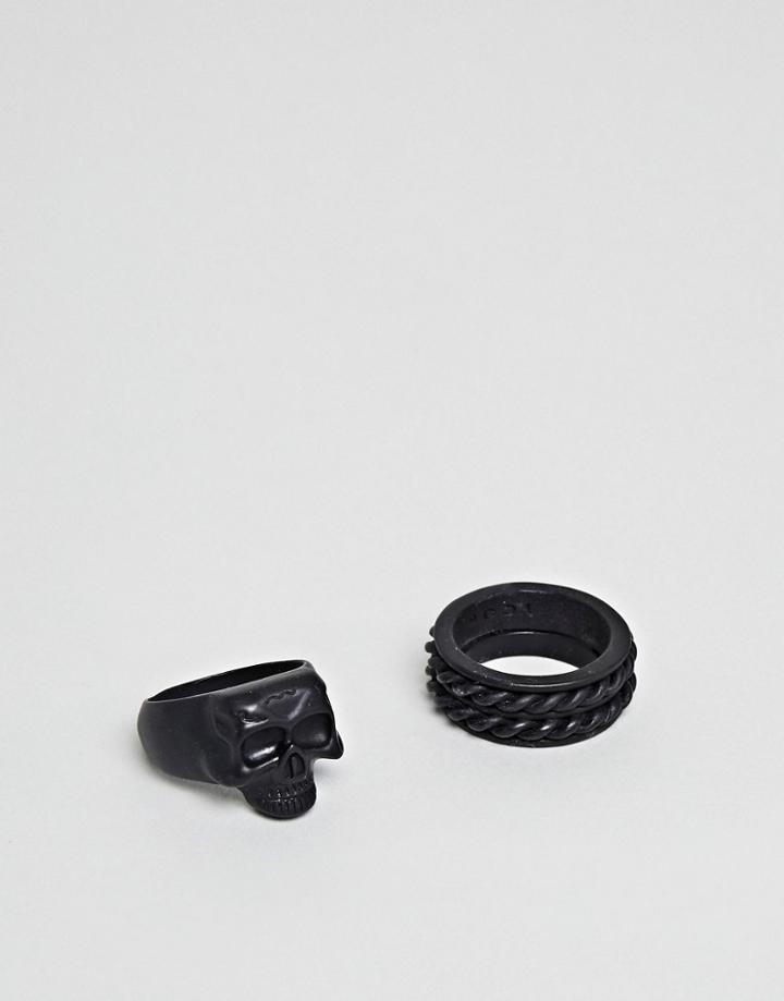 Icon Brand Matte Black Skull & Band Ring In 2 Pack - Black
