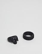Icon Brand Matte Black Skull & Band Ring In 2 Pack - Black