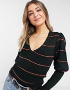 Asos Design V-neck Sweater With Puff Shoulders In Stripe In Black