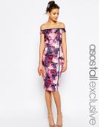 Asos Tall Salon Bardot Body-conscious Dress In Mystical Floral Print - Multi