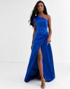 Chi Chi London Satin One Shoulder Statement Maxi Dress In Cobalt