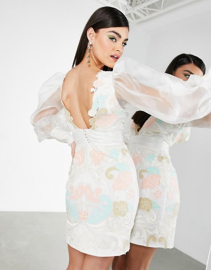 Asos Edition Applique Embroidered Pastel Organza Mini Dress-multi