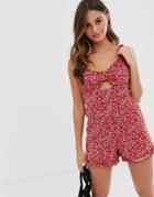 Asos Design Twist Front Cut Out Ruffle Trim Strappy Romper In Floral Print-multi