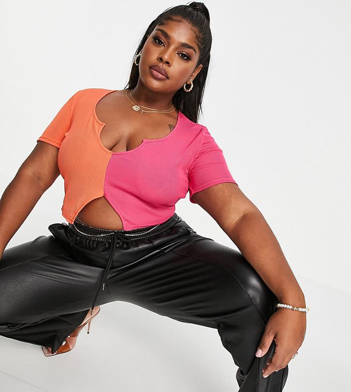 Public Desire Curve Notch Front Color Block Top In Fuchsia Pink-multi