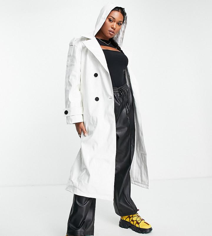 Asos Design Curve Glossy Patent Hooded Trench Coat In Cream-white