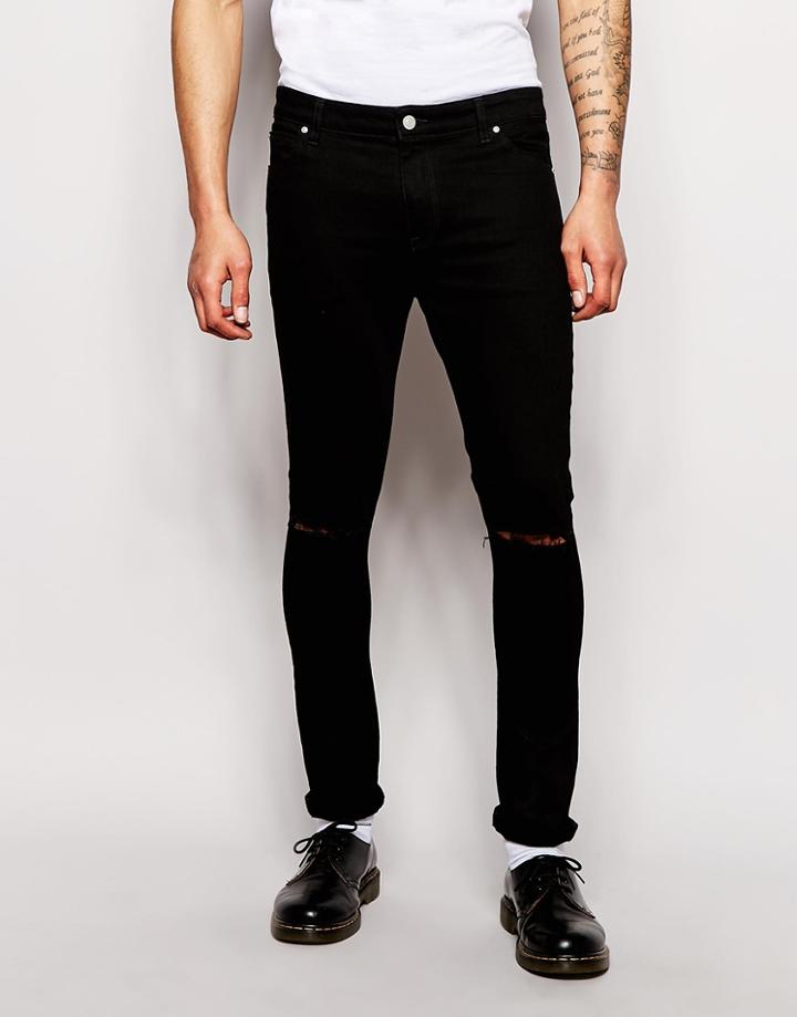 Asos Super Skinny Jeans With Knee Rips - Black