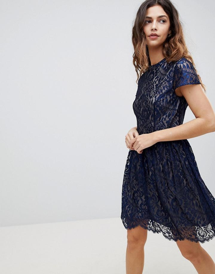 Oasis Lace High Neck Skater Dress - Navy