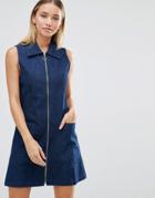 Ax Paris Zip Front Denim Shift Dress - Blue
