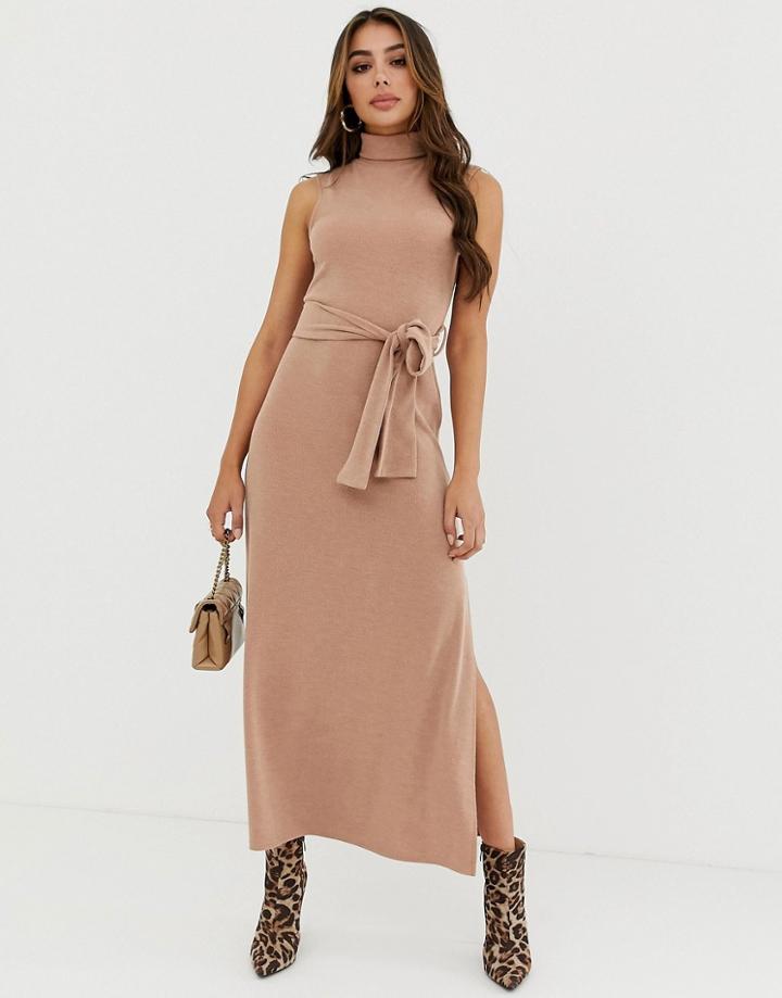 Asos Design Maxi Dress With Roll Neck And Self Belt - Beige