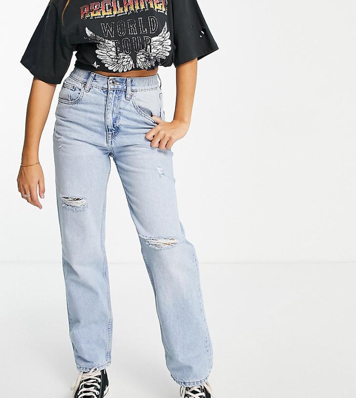 Pull & Bear Exclusive Petite Elastic Waist Mom Jean With Rips In Light Blue-blues