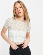 Asos Design Fitted Mesh Top In Warped Swirl Graphic Print In Khaki-green